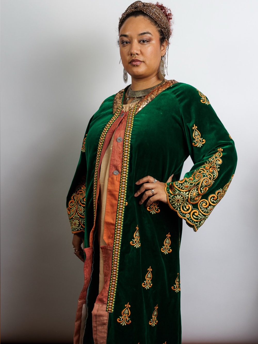 Embroidered Green Velvet Duster with Gold Accents